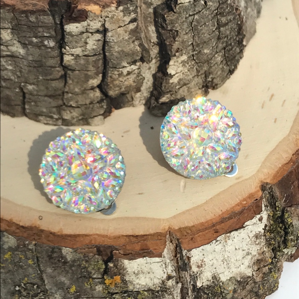 Iridescent Circle Stud Clip On Earrings - Picture 1 of 5
